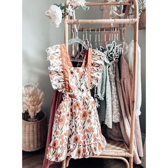 New Earthy Floral Blooming Harvest Fluttery Strap Pinafore Floaty Dress 4T - Picture 1 of 4